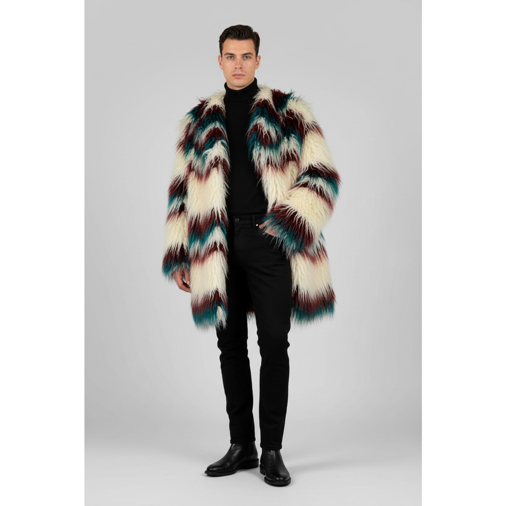 FRIED RICE One Size White Burgundy Teal Stripe Polyester Faux Fur Coat - Picture 2 of 7